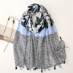 Elegant Voile Scarf Shawl Spliced Leaf Dot Print Fringe Tassels Soft Cotton Linen Feel Sun Protection For Women