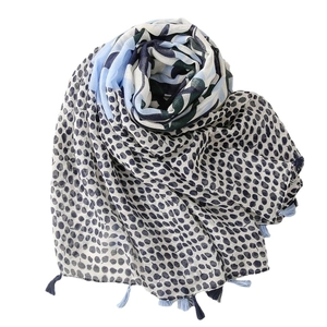 Blue polka dot cotton-linen shawl for women with decorative handmade fringes