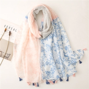 Elegant Voile Scarf For Women Pink Blue Leaf Print Shawl With Tassels Lightweight Sun Protection Wrap Fashion Scarf
