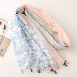 Floral cotton linen feel scarf with pink blue leaf print and tassels for women