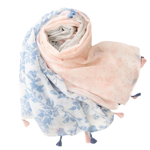 Elegant floral cotton-linen scarf with pink blue leaf print and handmade tassels
