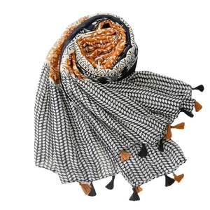 Sciarpa vintage stile boho in lino e cotone con stampa spighe e nappe bicolore
