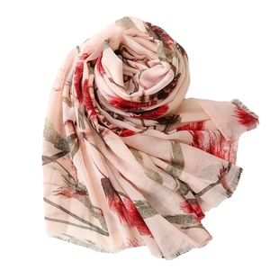 Linnen-look sjaal voor dames met rode bloemenprints en natuurlijke rafelranden