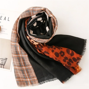 Detail of mixed leopard and houndstooth pattern scarf with delicate fringe edges