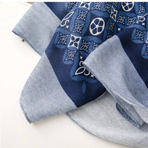Detailed close-up of navy blue geometric floral pattern on a soft linen feel scarf