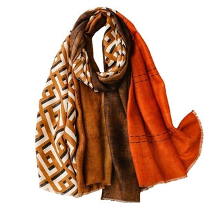 Women's autumn winter color block scarf with geometric pattern and frayed edges
