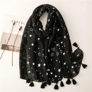 Women Scarf Shawl Polyester Cotton Linen Feel Star Print Fringe Tassel Retro Beach Wrap Fashion Accessory