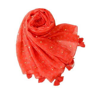 Fashionable red cotton linen scarf with gold foil polka dots and fringed edges for women