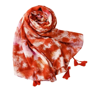 Artistic orange and white tie-dye cotton linen scarf with elegant fringe tassels