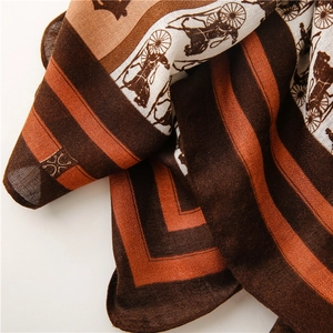Detailed close-up of horse carriage print on premium cotton-linen blend scarf