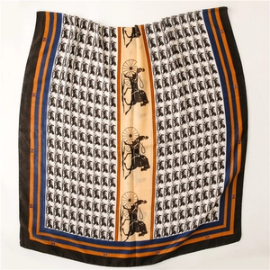 Detail of horse and carriage print on vintage style silk scarf with stripe borders