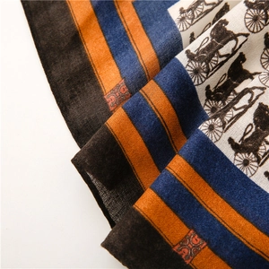 Detail of vintage carriage print and classic logo on silky striped fashion scarf