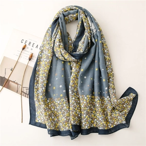 Women Long Scarf Haze Blue Floral Carriage Print Polyester Cotton Linen Feel Beach Sunscreen Shawl Wrap Fashion