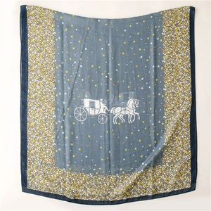 Detail of blue scarf featuring floral borders and a classical carriage print