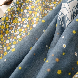 Detail of floral printed scarf showing contrasting patterns and fine twill fabric texture