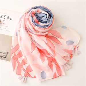 Pink and blue leaf print summer scarf with tassels, lightweight sun protection shawl