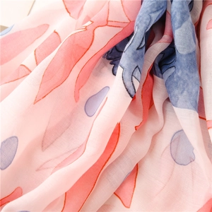 Floral print lightweight scarf for women with pink and blue leaf pattern in soft silk fabric