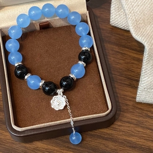 Minimalist light blue natural stone beaded bracelet with heart flower charm in gift box