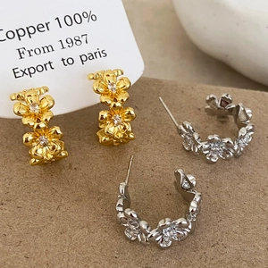 Elegant Copper Flower Hoop Earrings With Zircons C Shaped Cluster Floral Studs Jewelry For Women