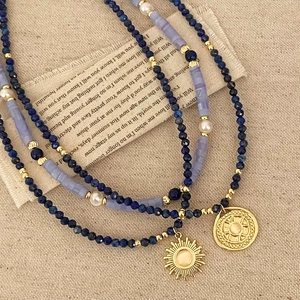 Lapis Lazuli Süßwasserperlen Halskette Mit Achat Katzenaugenstein Sonnen Anhänger Retro Bohemian Schlüsselbein Kette Damen