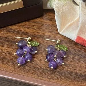 Exquisite grape-shaped purple crystal earrings with green leaves and gold-plated studs