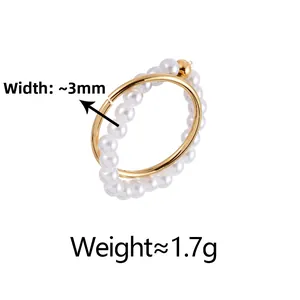 Detail view of 3mm high-luster pearls and 1.7g golden minimalist double ring band