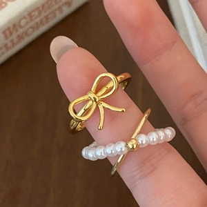 Elegant gold bow ring set with faux pearl double-layer band for women's jewelry