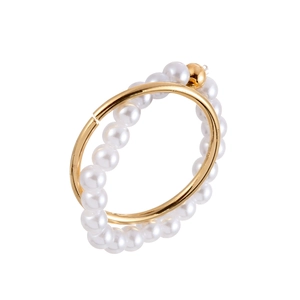 Double-layered pearl and gold metal bow ring for women with high-gloss polished finish