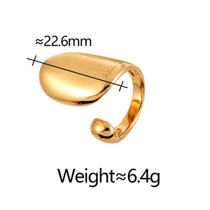 Polished gold teardrop open ring for women with 22.6mm wide surface and 6.4g weight
