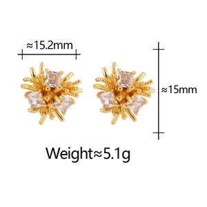 Irregular fireworks gold studs with clear zircon stones, size 15.2mm x 15mm