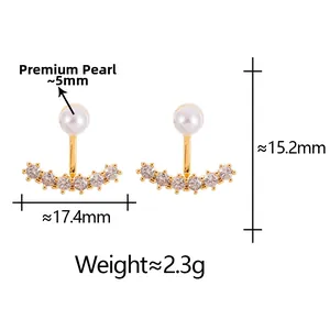 Detailed view of pearl earrings with curved zircon studs including size and weight specs