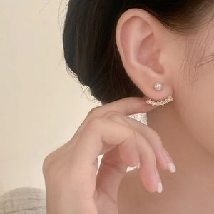 French style gold pearl earrings with curved sparkling zircon stud design for women