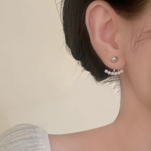 French style silver ear jackets with white pearl studs and curved cubic zirconia accents