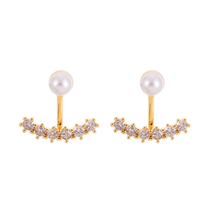 Sparkling zircon and pearl gold stud earrings with a curved luxury design for women