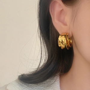 Chic triple-layered irregular gold hoop earrings with a high-polished mirror finish