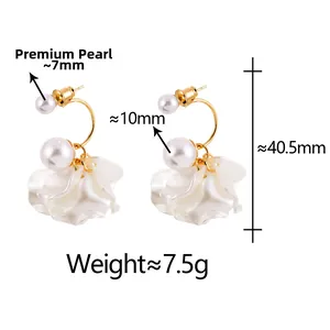 Detail view of pearl and acrylic petal earrings showing 40.5mm height and 7.5g weight