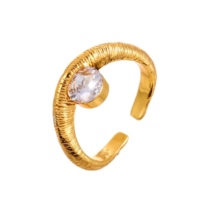 Vintage textured adjustable ring in 18K gold finish with sparkling round zircon stone