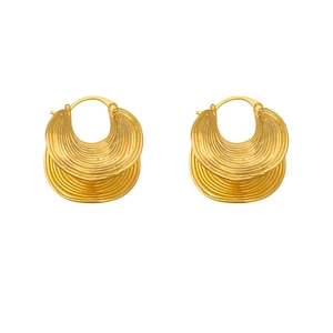 Elegant gold-tone layered fan earrings with vintage textured finish and artistic style