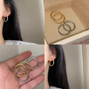 Pave Zirconia Hoop Earrings Copper Round Geometric Korean Style Minimalist Jewelry For Women