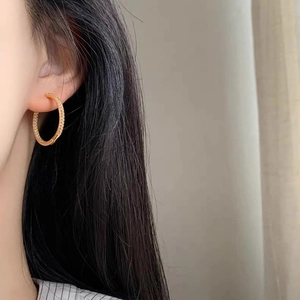 Elegant gold hoop earrings with paved cubic zirconia worn by model in soft natural light