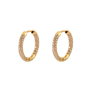 Elegant gold earrings with triple rows of pink pavé crystals in a huggie hoop style