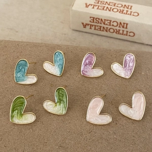 Heart Stud Earrings Enamel Marble Texture Copper With 925 Sterling Silver Earring Post Sweet Fashion Jewelry For Women