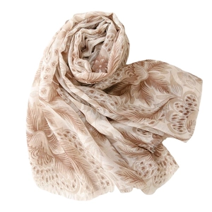Soft cotton-linen blend scarf with khaki floral and vintage feather prints