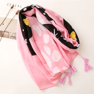 Pink printed long scarf with cat fish patterns and tassel fringe for sun protection