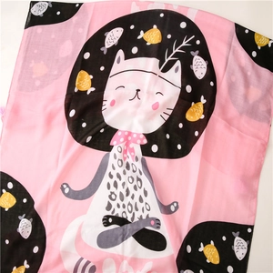 Pink cartoon cat print beach scarf for women in soft lightweight linen-feel fabric