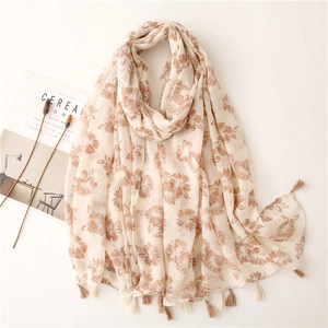 Lightweight floral cotton linen scarf with tassels and brown hibiscus flower print