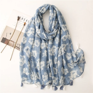 Women Scarf Shawl Floral Hibiscus Print Tassels Cotton Linen Feel Polyester Sun Protection Sweet Bohemian
