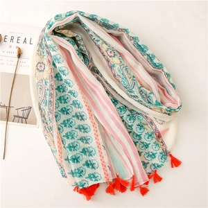 Soft bohemian floral striped voile scarf with orange tassels for sun protection