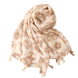 Light cream cotton linen scarf with vintage brown floral prints and tassel edges