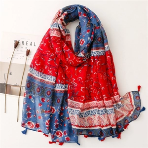 Ethnic Floral Print Scarf Shawl Cotton Linen Feel Sun Protection Tassel Fringe Women